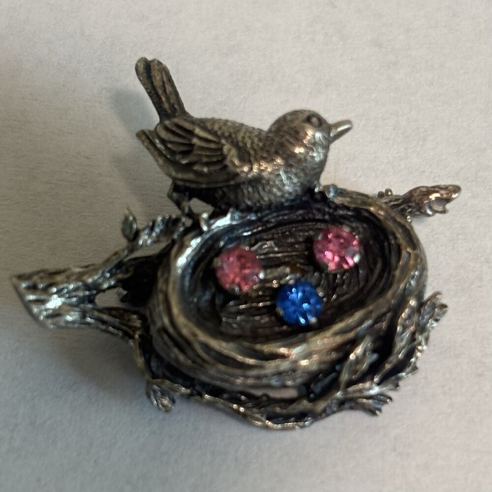 Anson Solid Cast 925 Sterling Silver Rhinestones Bird'S Nest With Eggs Brooch